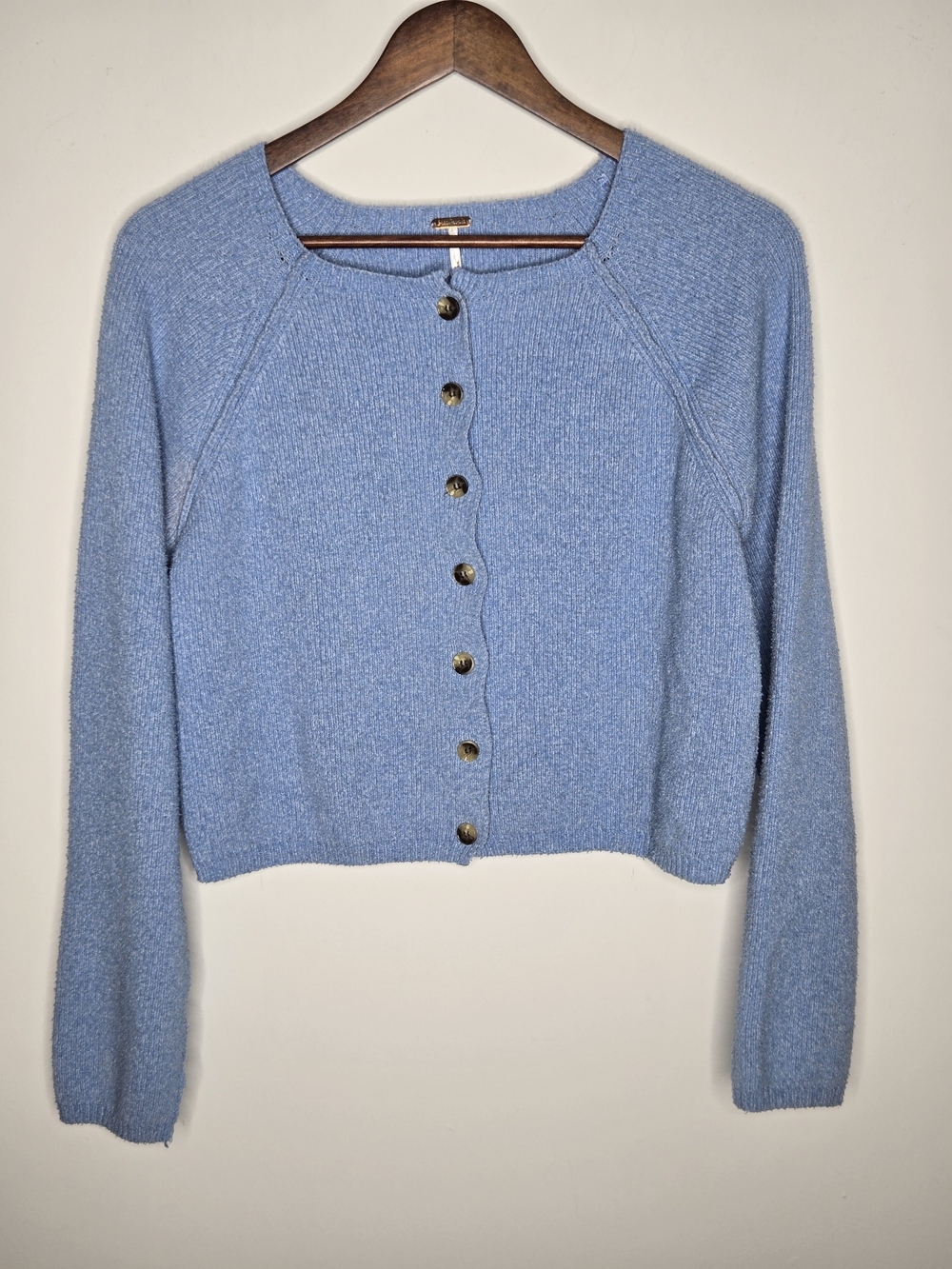 Free People Vienna Rib Cropped Cardigan Blue Beam  Cozy Minimalist Knit  S